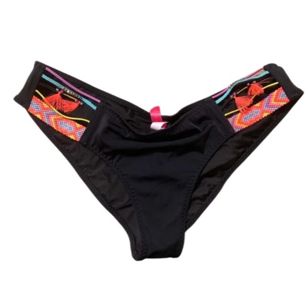 Victoria's Secret‎ Cheeky Bikini Ruched Bottom Embroidered Tassel Beaded Black M